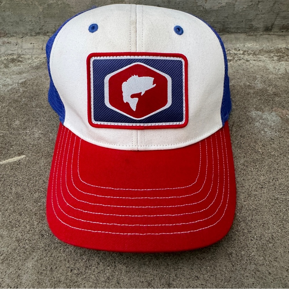 Simms Fishing Patch Mesh Snapback Trucker Hat Red White Blue Adjustable Trout